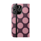 Θήκη πορτοφολιού από vegan δέρμα για iPhone 16 Pro - σχέδιο Pink Plum Polka Dot