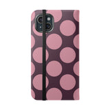 Θήκη πορτοφολιού από vegan δέρμα για iPhone 15 Plus - σχέδιο Pink Plum Polka Dot
