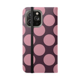 Θήκη-πορτοφόλι από vegan δέρμα για iPhone 14 Pro Max - σχέδιο Pink Plum Polka Dot
