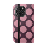 Θήκη πορτοφολιού από vegan δέρμα για iPhone 15 Pro - σχέδιο Pink Plum Polka Dot