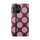 Θήκη πορτοφολιού από vegan δέρμα για iPhone 16 Pro Max - σχέδιο Pink Plum Polka Dot