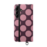 Samsung Galaxy S25 Plus Θήκη πορτοφόλι από vegan δέρμα – σχέδιο Pink Plum Polka Dot