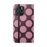 Θήκη πορτοφολιού από vegan δέρμα για iPhone 15 Pro Max - σχέδιο Pink Plum Polka Dot
