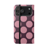 Θήκη πορτοφολιού από vegan δέρμα για iPhone 17 Pro Max - σχέδιο Pink Plum Polka Dot