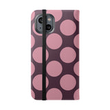 Θήκη πορτοφολιού από vegan δέρμα για iPhone 14 - σχέδιο Pink Plum Polka Dot