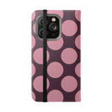 Θήκη-πορτοφόλι από vegan δέρμα για iPhone 14 Pro - σχέδιο Pink Plum Polka Dot