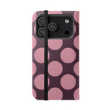 Θήκη πορτοφολιού από vegan δέρμα για iPhone 17 Pro - σχέδιο Pink Plum Polka Dot