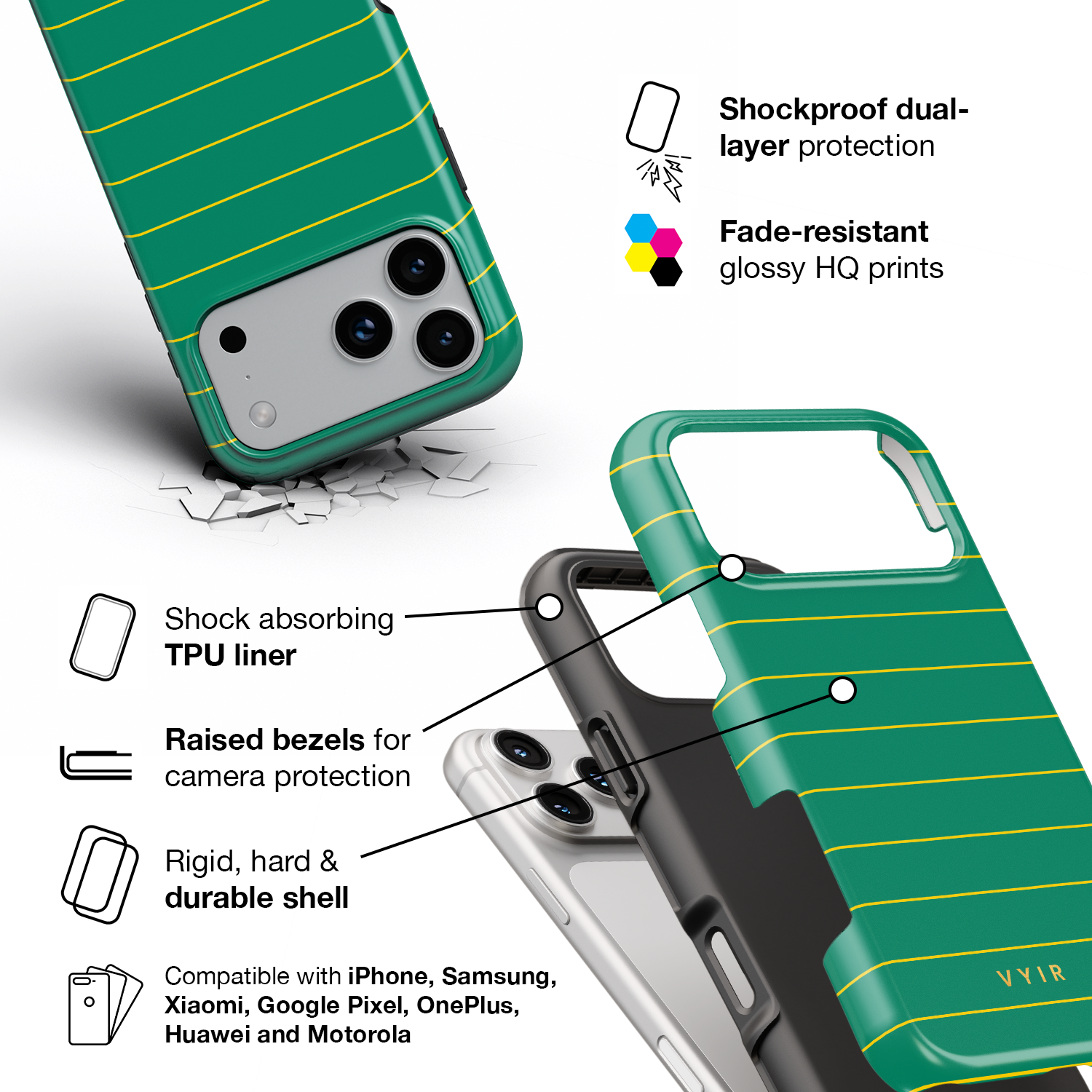 Horizontal Stripes, Goldline Green - Shockproof Phone Case - VYIR