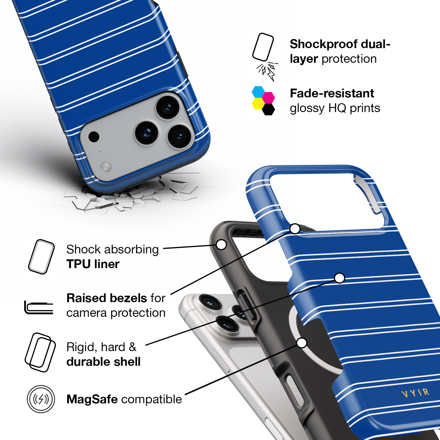 Horizontal Stripes, Mediterranean Blue - Shockproof MagSafe iPhone Case - VYIR