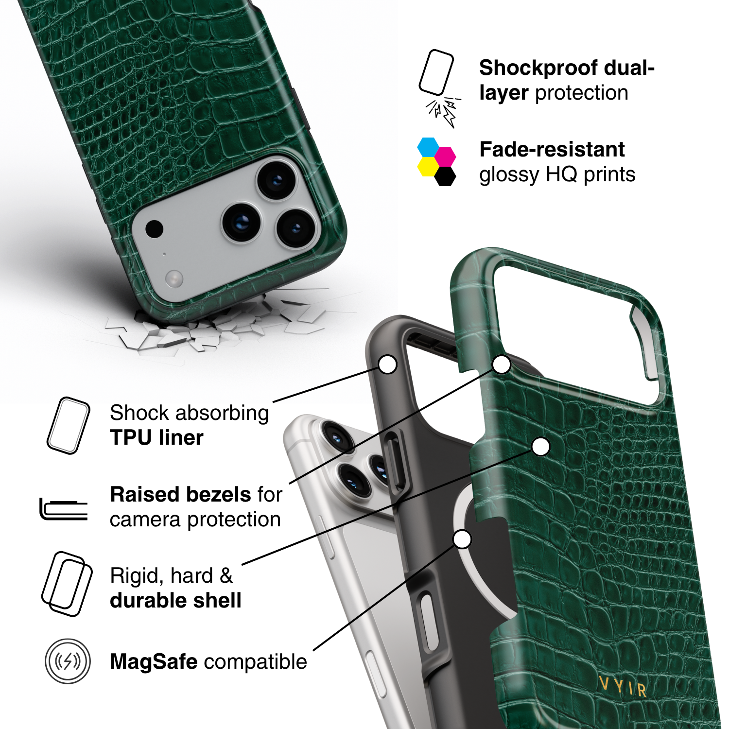Croc Leather Print Jade - Shockproof MagSafe iPhone Case - VYIR