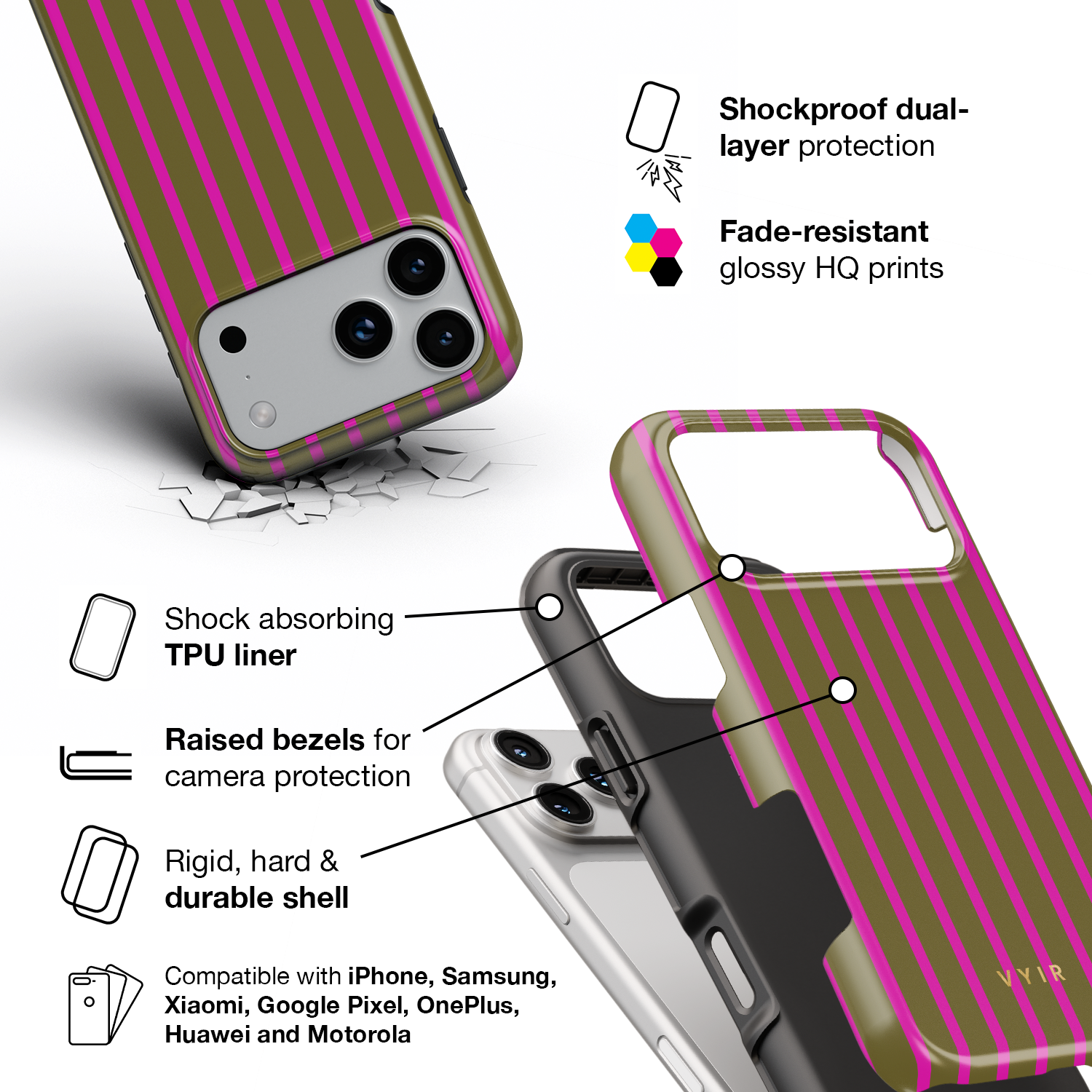 Vertical Stripes, Urban Olive - Shockproof Phone Case - VYIR