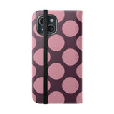 Θήκη πορτοφολιού από vegan δέρμα για iPhone 15 - σχέδιο Pink Plum Polka Dot