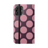 Θήκη πορτοφολιού από vegan δέρμα για iPhone 16 Plus - σχέδιο Pink Plum Polka Dot