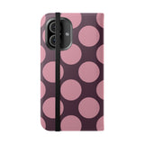Θήκη πορτοφολιού από vegan δέρμα για iPhone 16 - σχέδιο Pink Plum Polka Dot